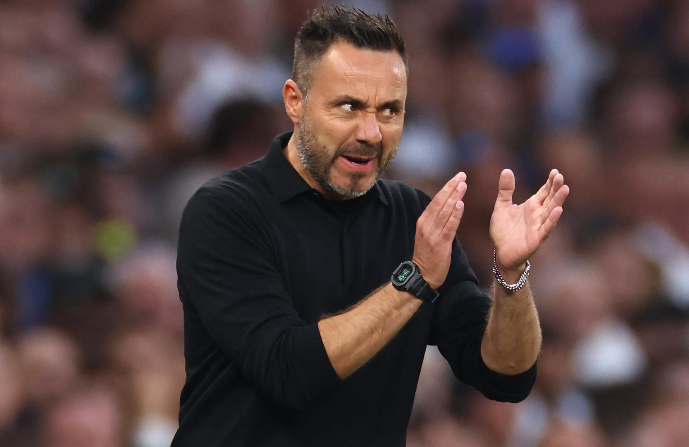 Roberto De Zerbi encourages his team from the touchline during their 5-1 midweek thrashing of Charlton Athletic.