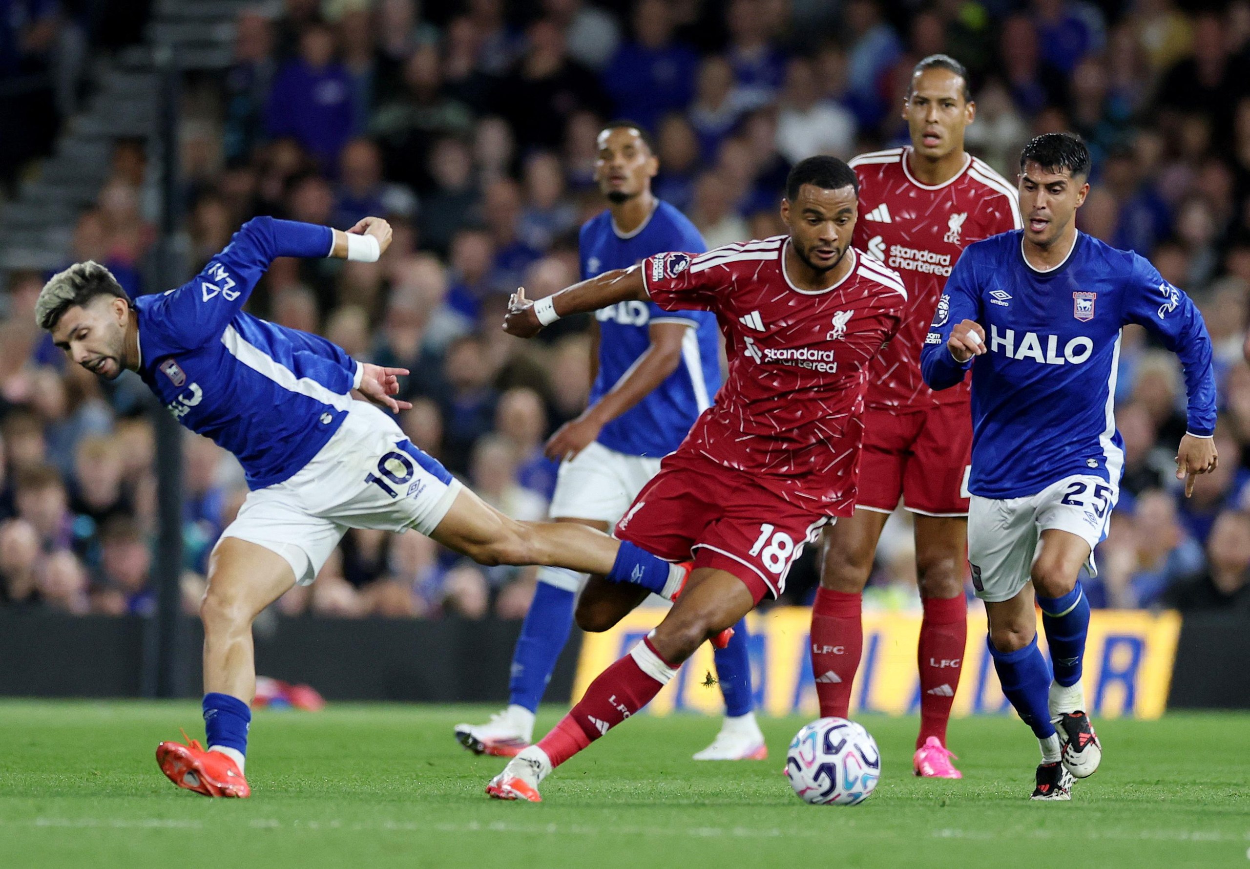 Liverpool’s Cody Gakpo tries to break clear of Ipswich’s Julio Enciso