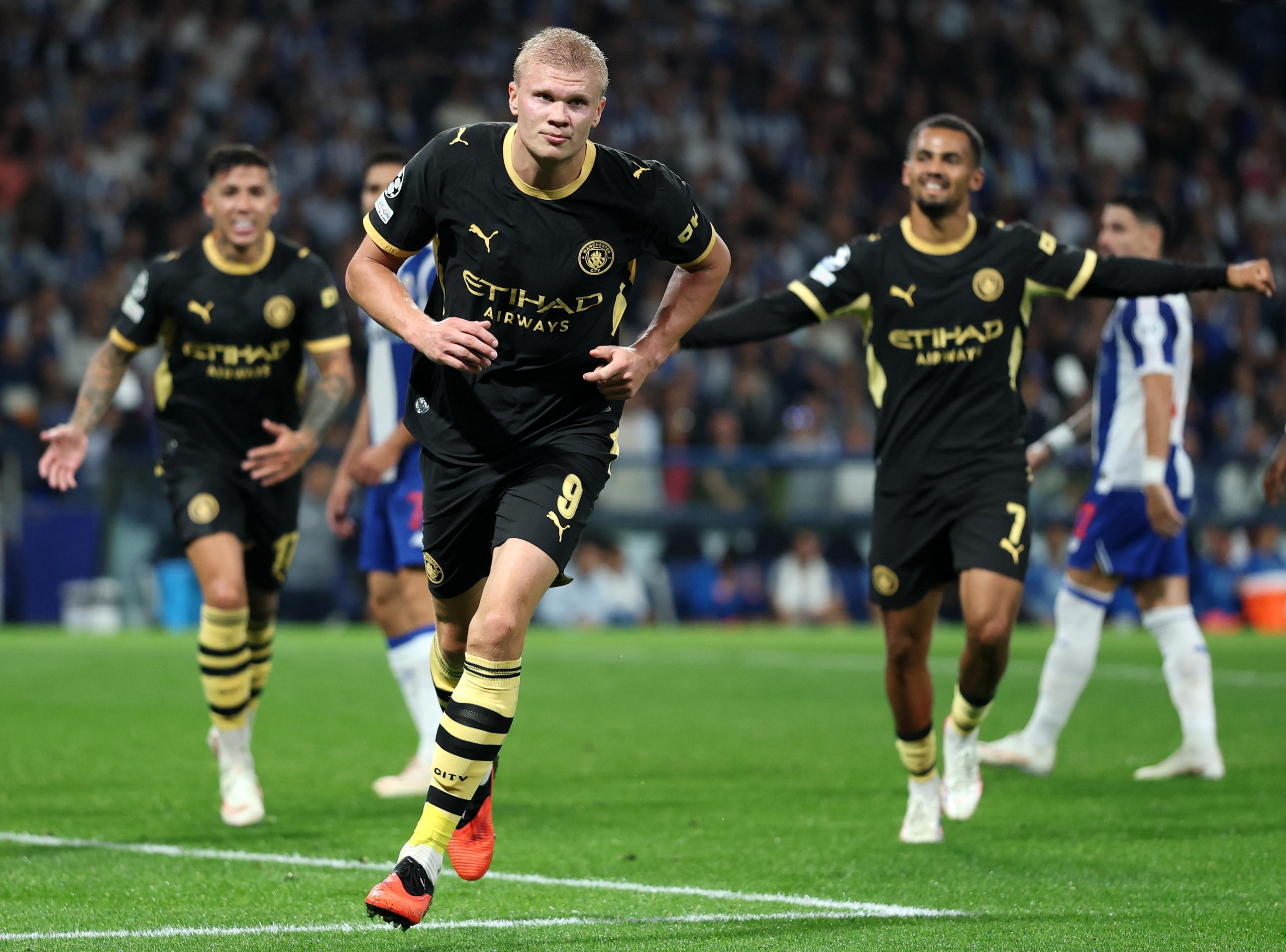 Erling Haaland celebrates after scoring his, and Manchester City’s second goal.