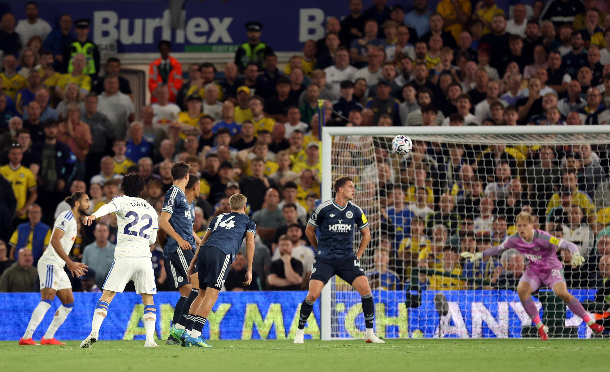 Ao Tanaka of Leeds United scores his team’s first goal.
