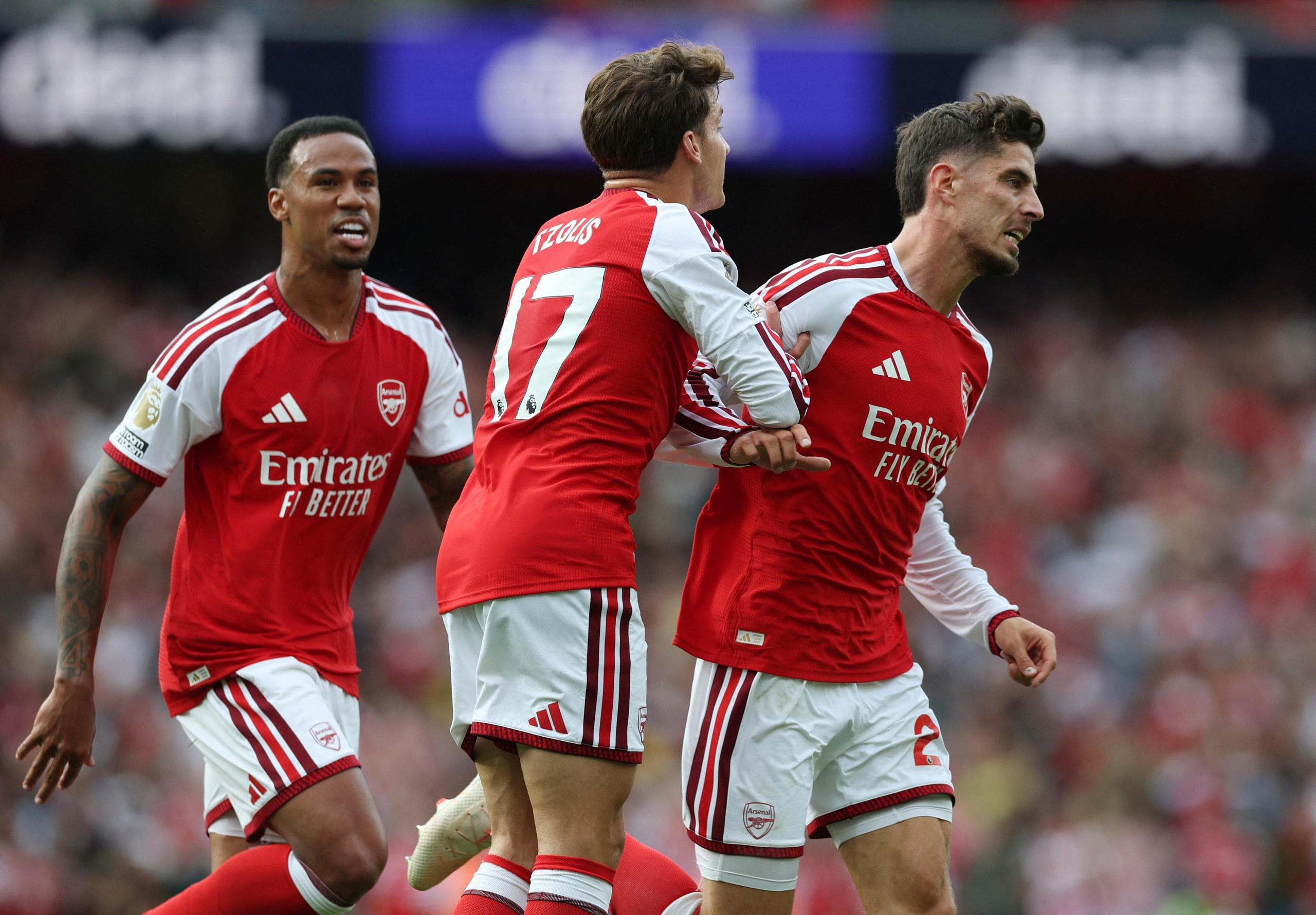Kai Havertz celebrates scoring Arsenal’s first goal with Christos Tzolis and Gabriel