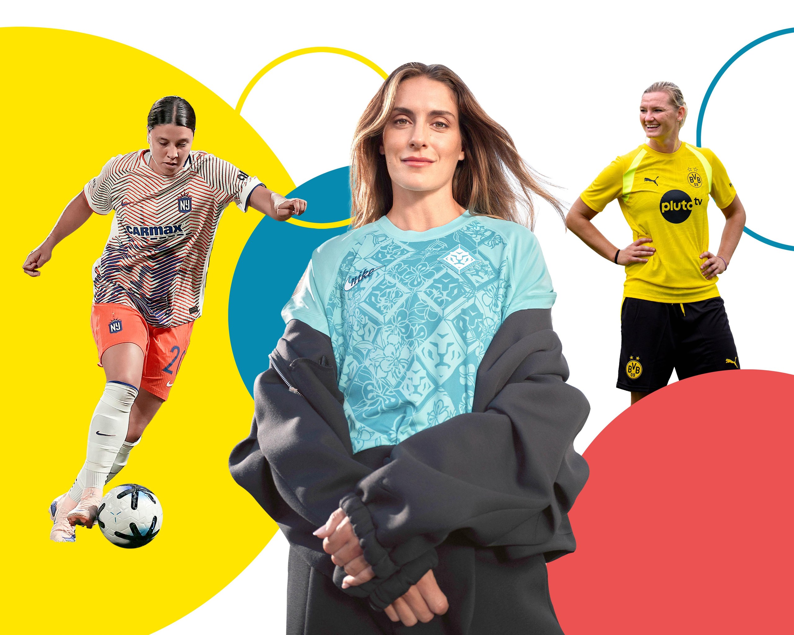 Sam Kerr, Alexia Putellas, and Alexandra Popp pose in different soccer kits against a colorful graphic backdrop