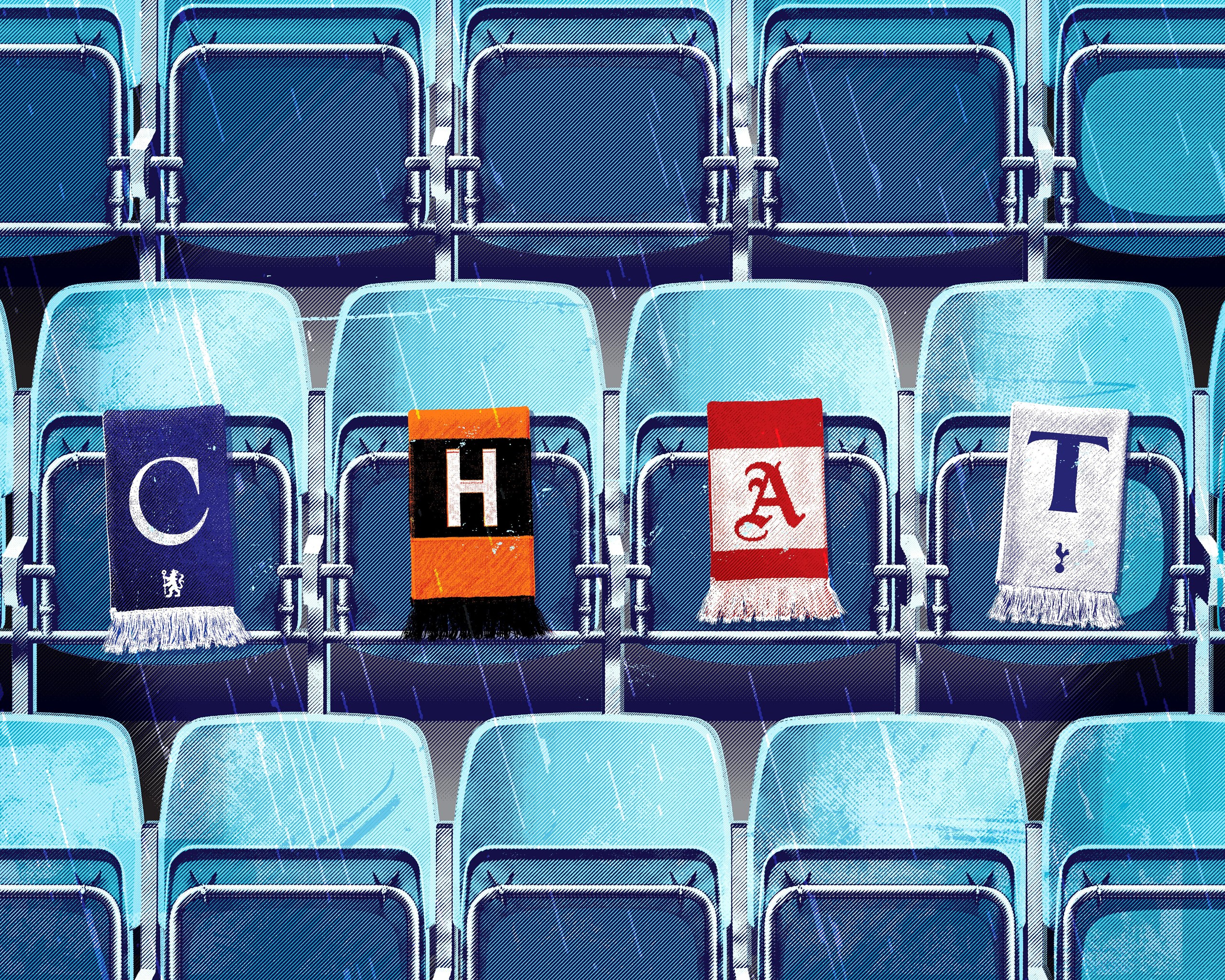 A Gary Neill illustration of four scarves in different Premier League team colours draped over a row of seats in a football stand, spelling out the word ‘chat’.  