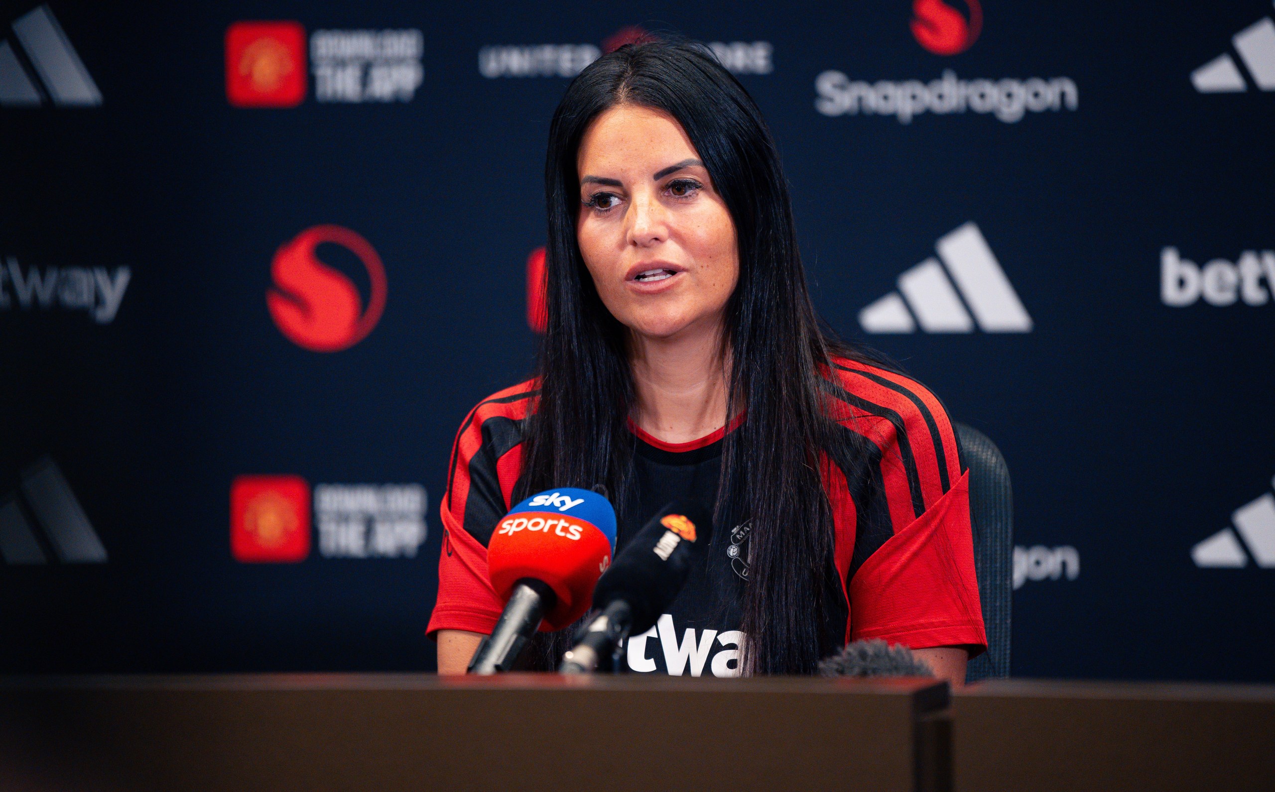 Manchester United’s head coach, Eva Olid, talking to the media
