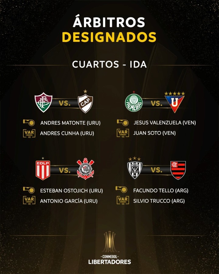 La Conmebol designó a los árbitros para la ida de los cuartos de la Libertadores y Sudamericana